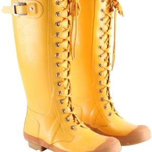Yellow lace up Hunter rainboots